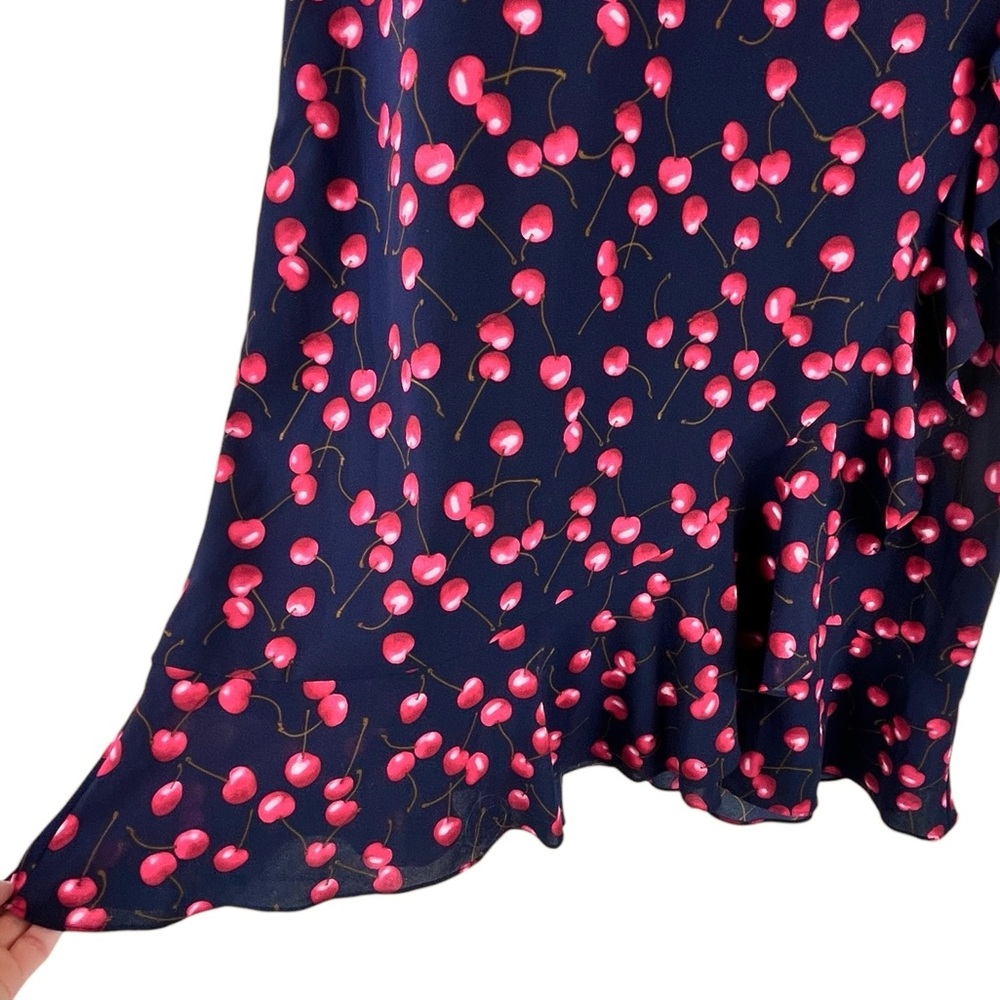 J Crew Factory Cherry Print Dress Ruffled Neck and Hemline Faux Wrap Navy Red 12 - Picture 7 of 11